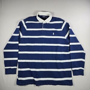 Vintage Y2K Polo Ralph Lauren Navy Blue Striped Long Sleeve Rugby Shirt XXL